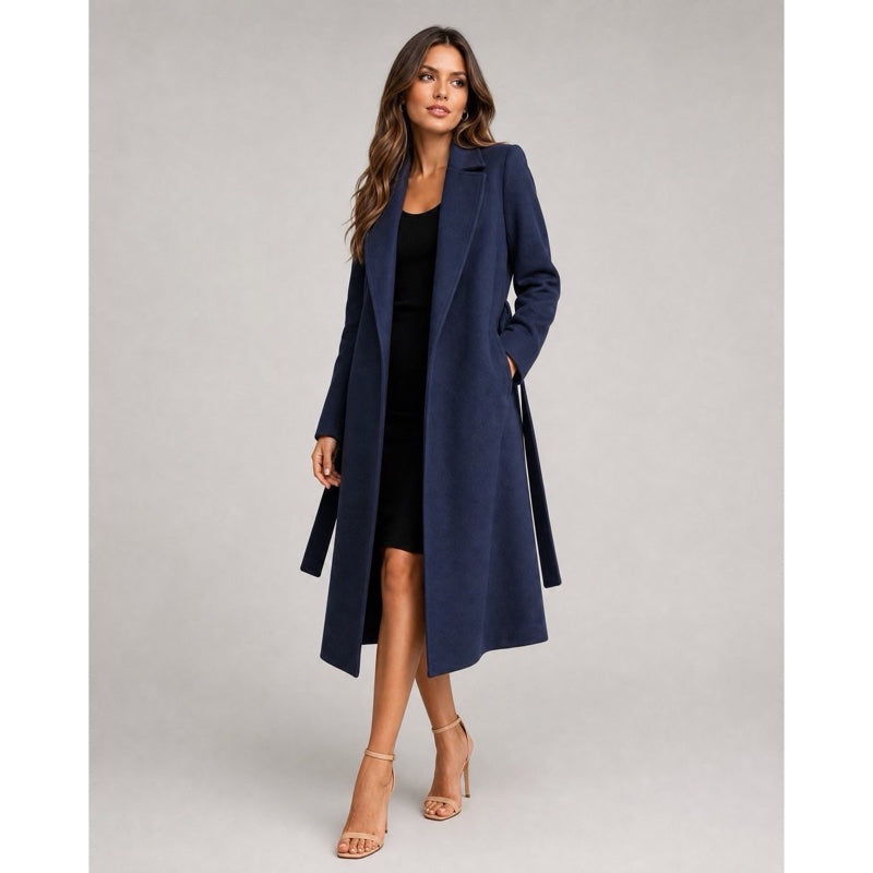 Women's wrap trench coat with tie belt in navy – worn look