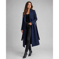 Women's wrap trench coat with tie belt in navy – styled look