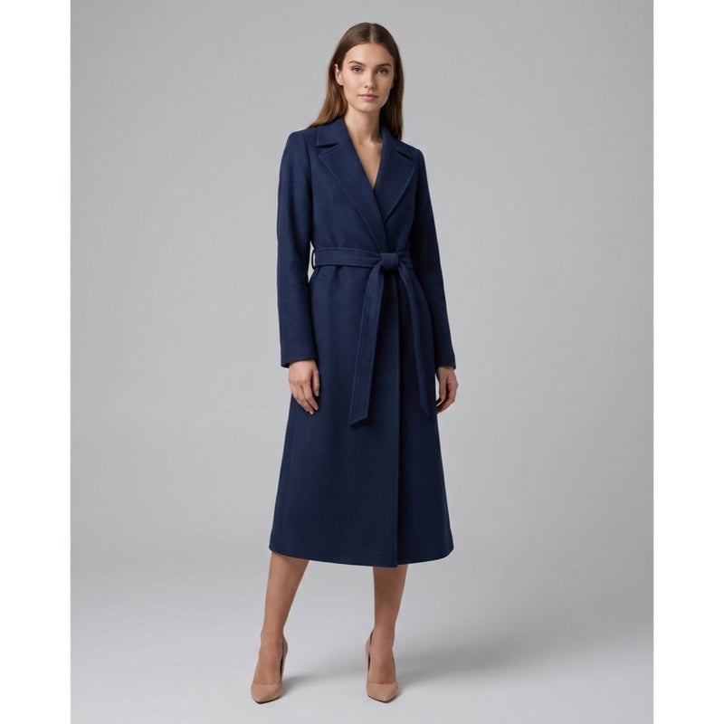 Women's wrap trench coat with tie belt in navy – alternate view