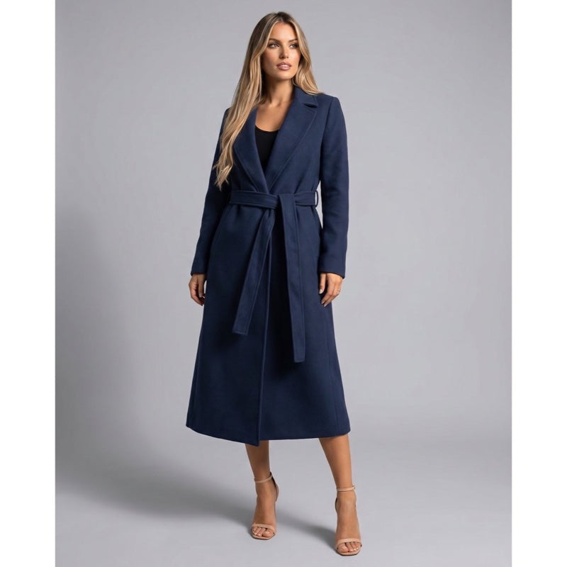 Women's wrap trench coat with tie belt in navy – full-length look