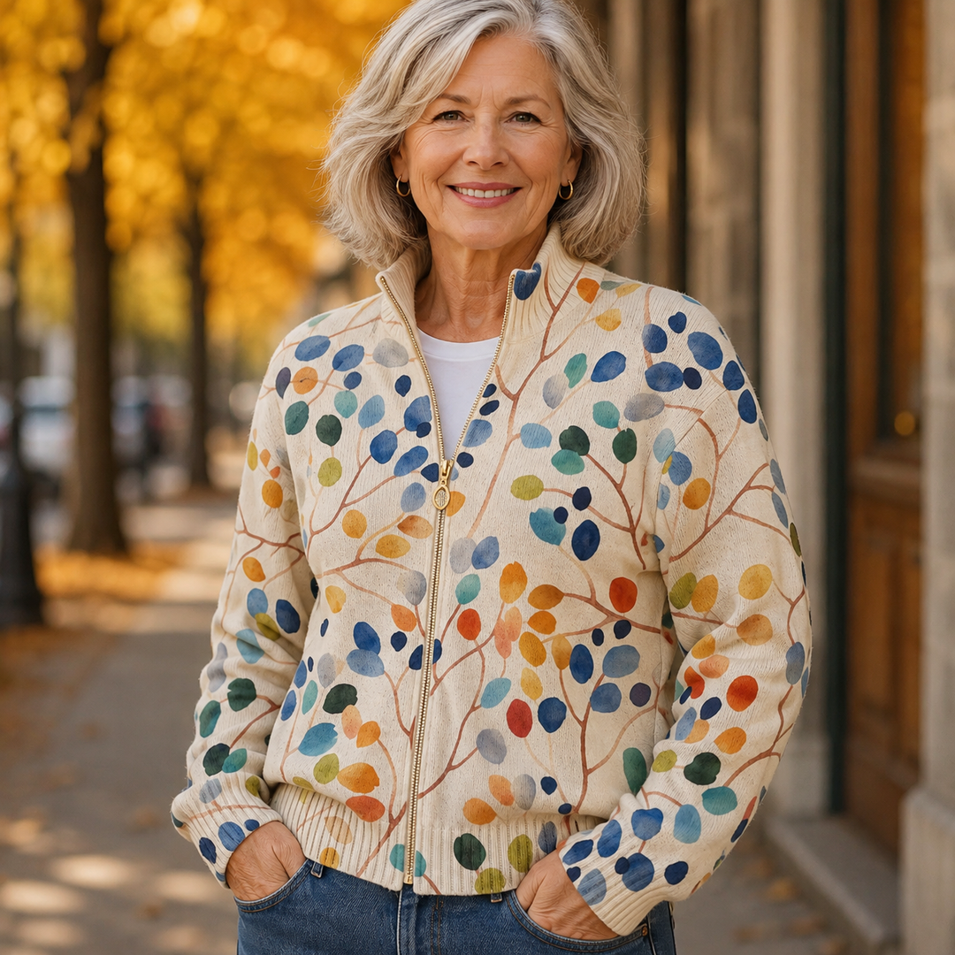 Women's leaf print zip cardigan – front view