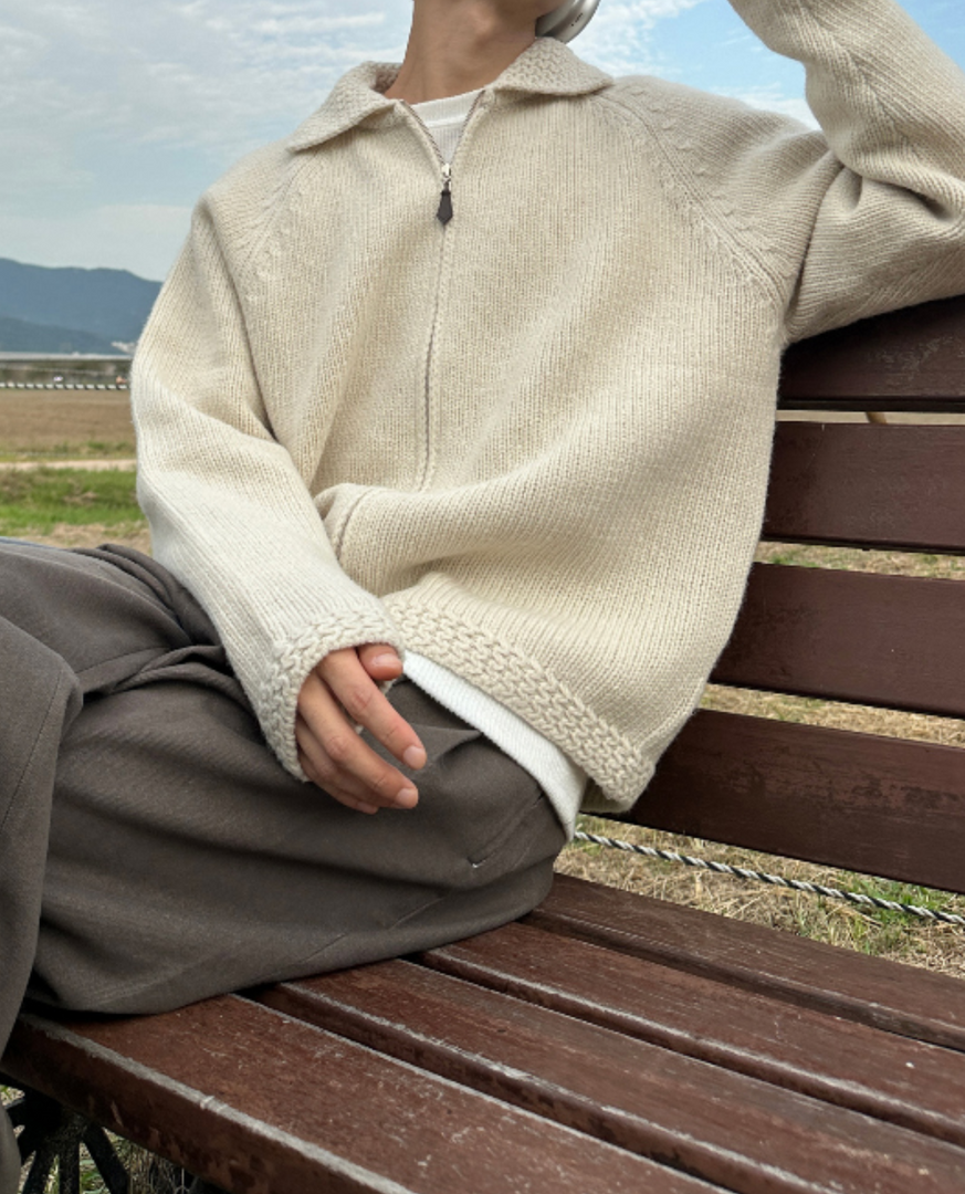 Women's collared zip knit cardigan in cream – seated
