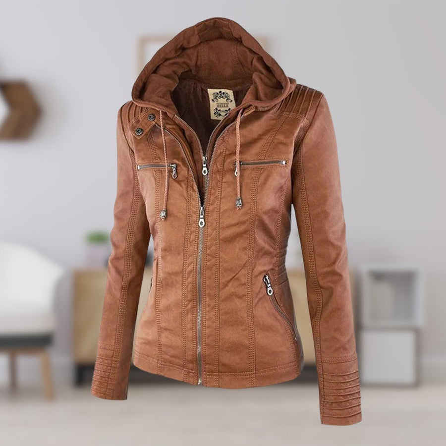 Women's Faux Leather Jacket with Detachable Hood for Autumn Days