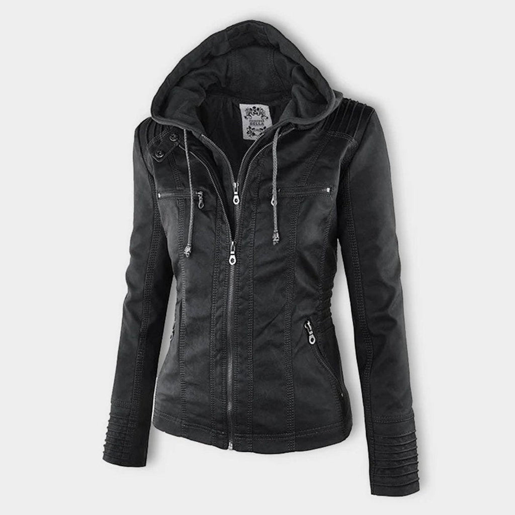 Women's faux leather hooded jacket in black