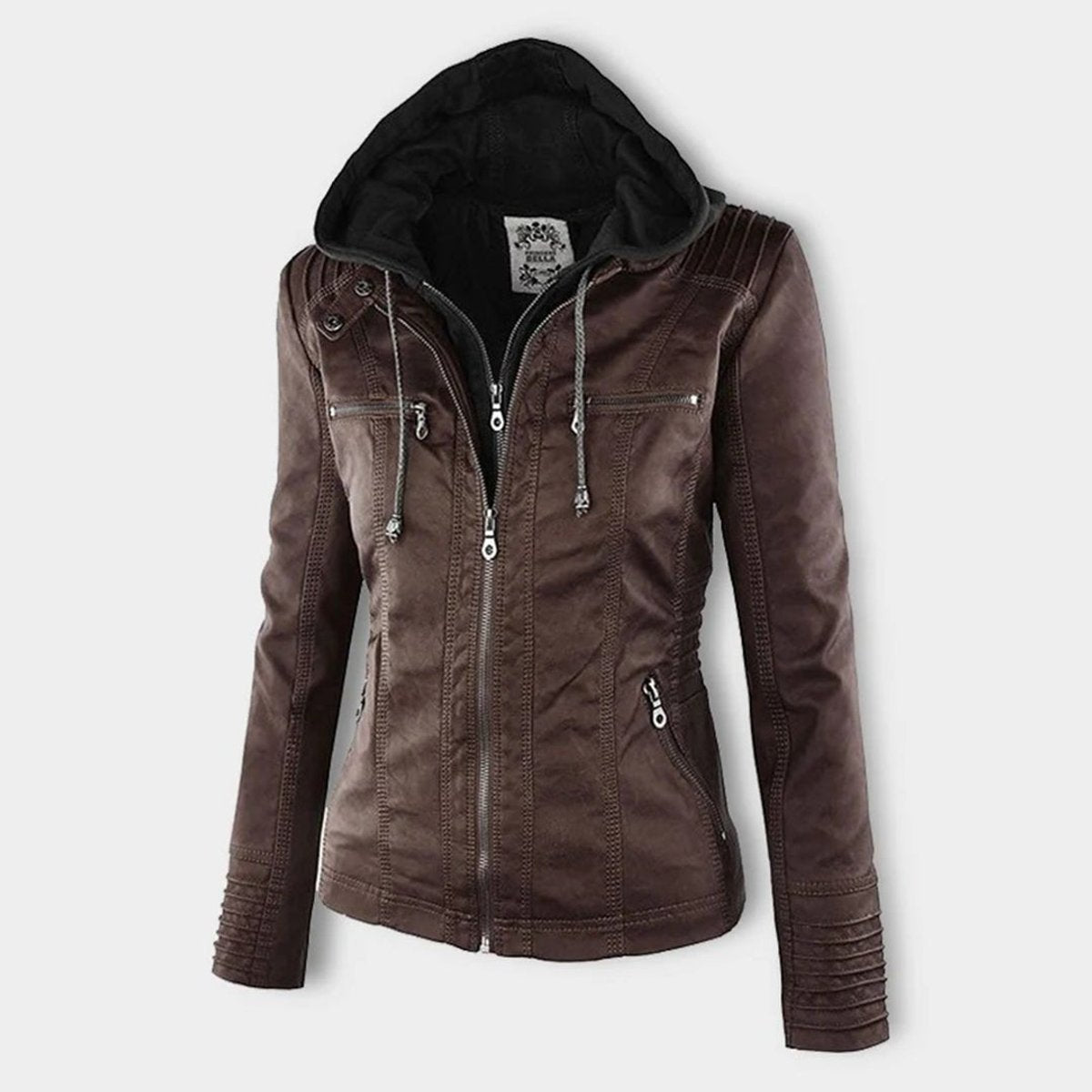 Women's faux leather hooded jacket in dark brown
