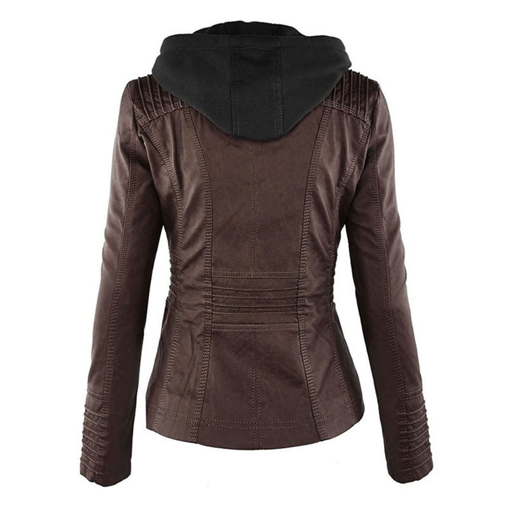 Women's faux leather hooded jacket in dark brown