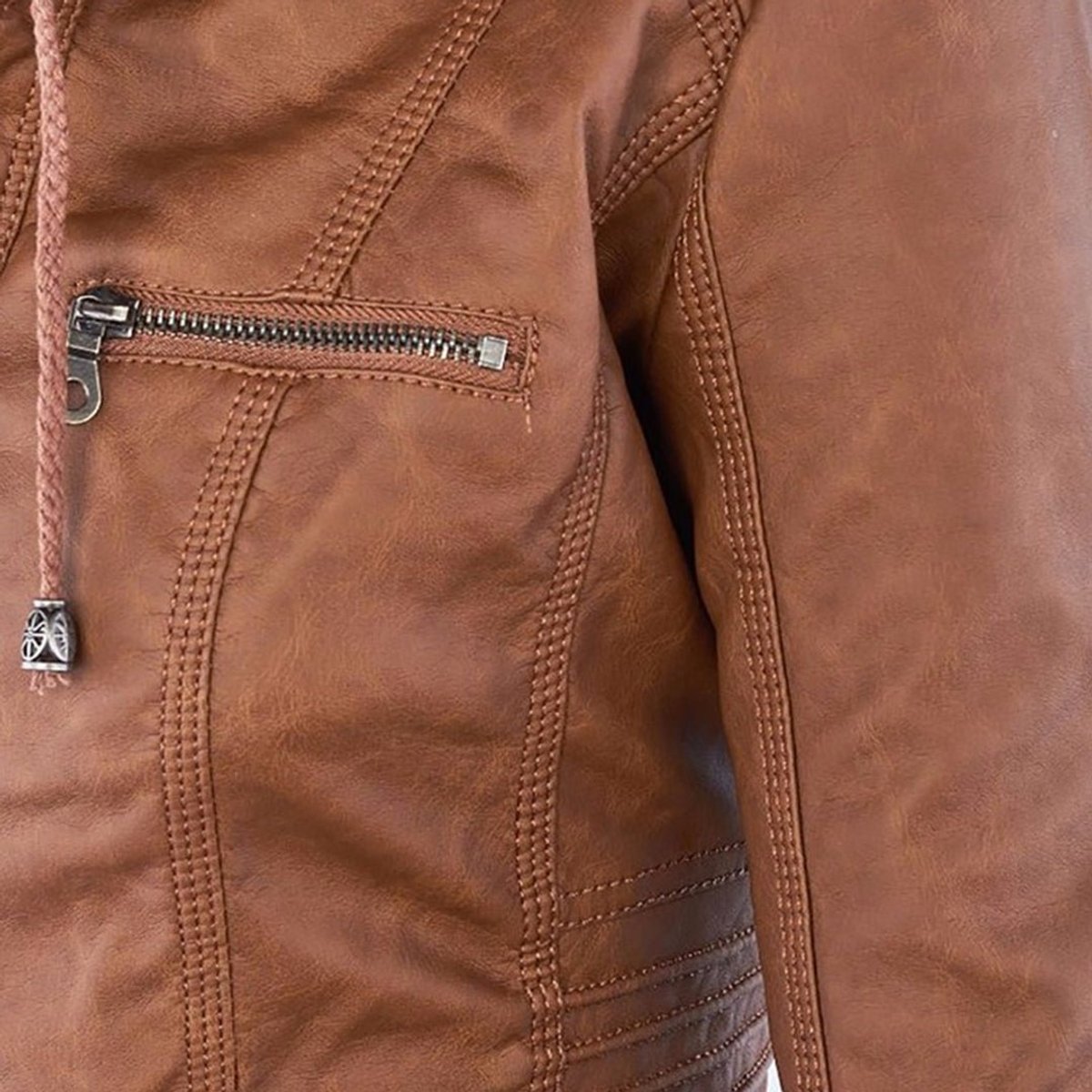Women's Faux Leather Jacket with Detachable Hood for Autumn Days