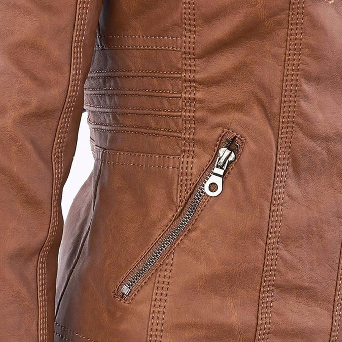 Women's Faux Leather Jacket with Detachable Hood for Autumn Days