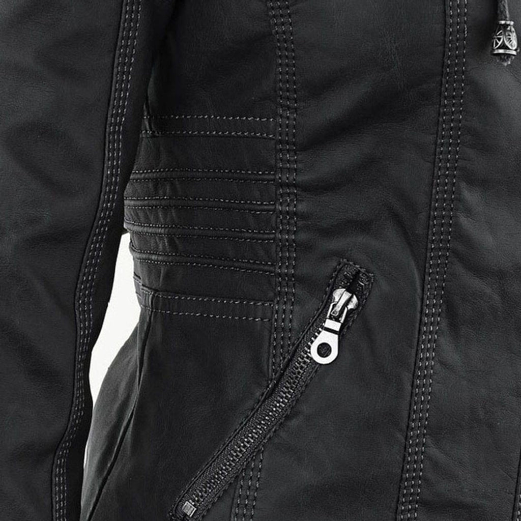 Women's Faux Leather Jacket with Detachable Hood for Autumn Days