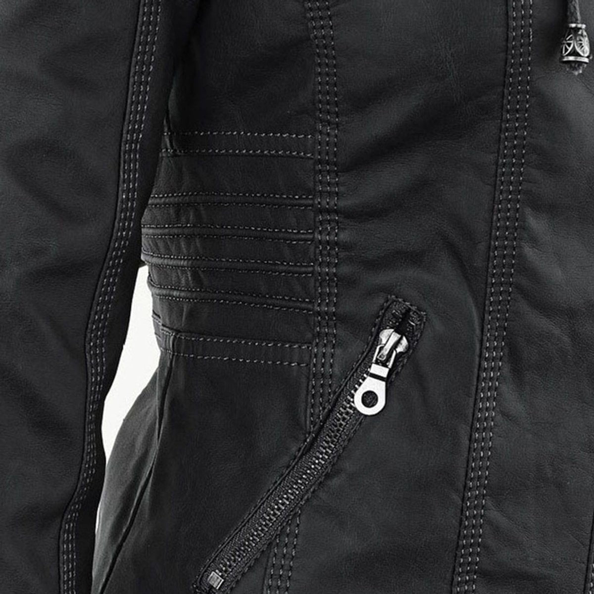 Women's Faux Leather Jacket with Detachable Hood for Autumn Days