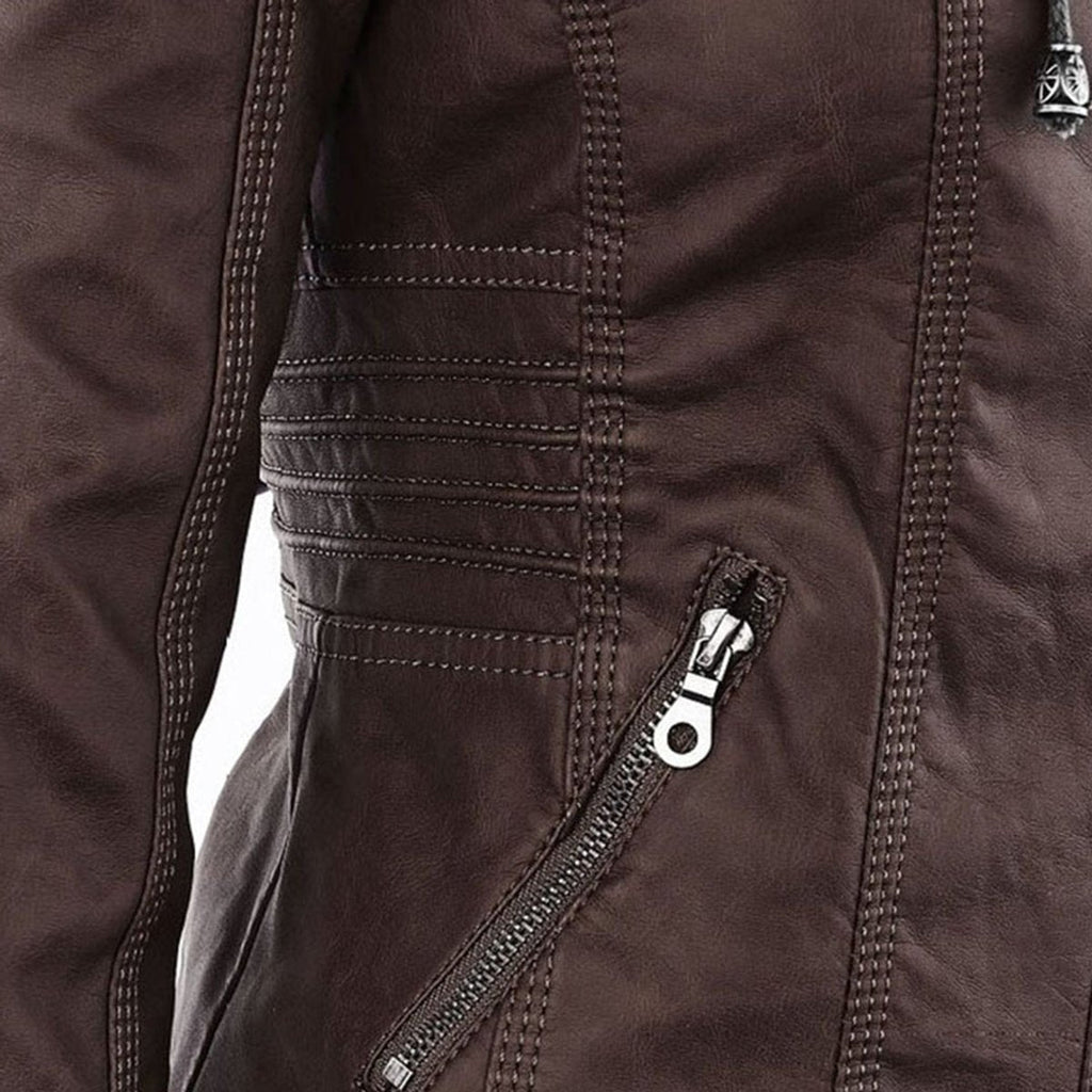 Women's Faux Leather Jacket with Detachable Hood for Autumn Days