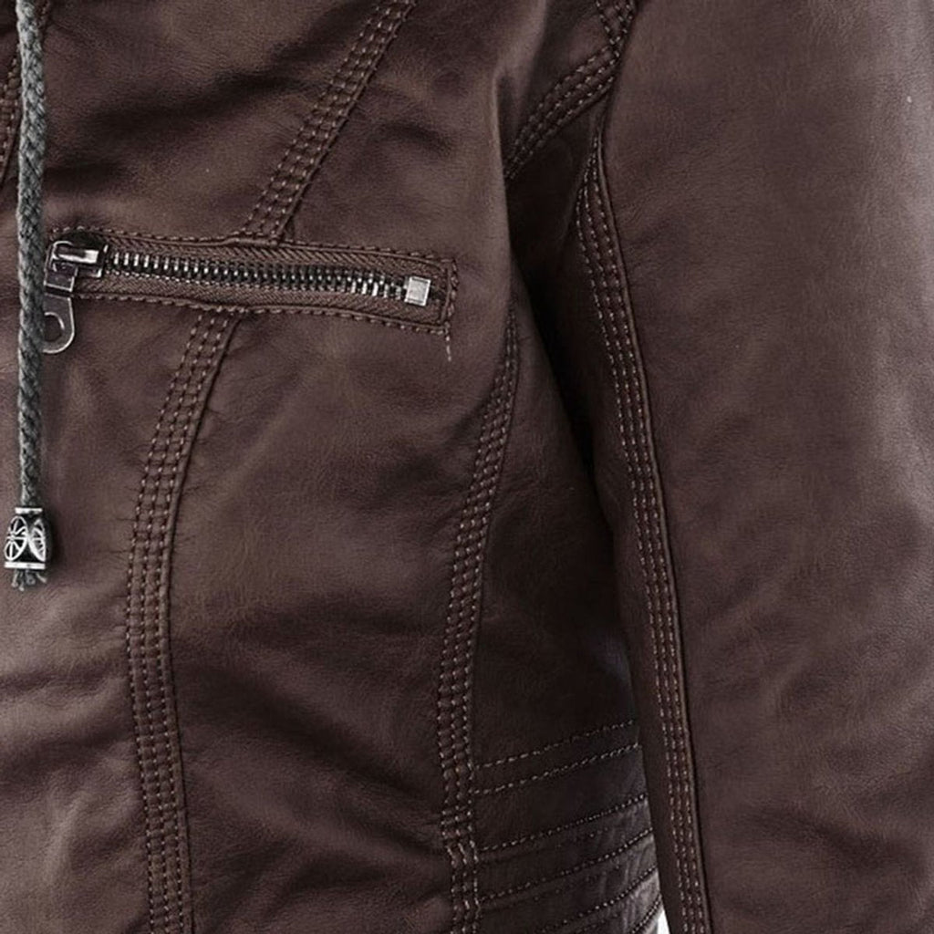 Women's Faux Leather Jacket with Detachable Hood for Autumn Days