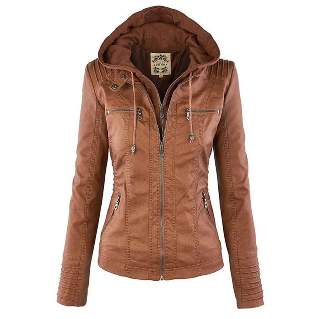 Women's faux leather hooded jacket in camel