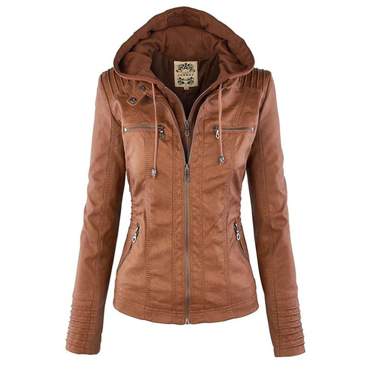 Women's faux leather hooded jacket in camel