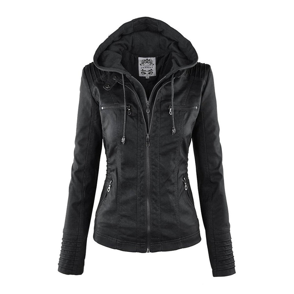 Women's faux leather hooded jacket in black
