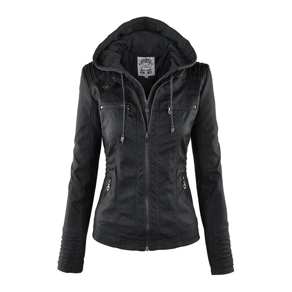 Women's faux leather hooded jacket in black