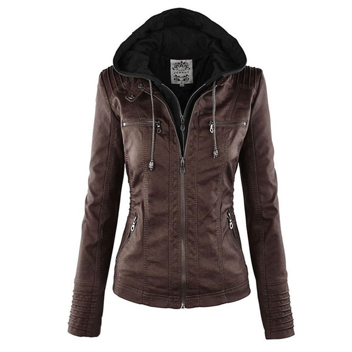 Women's faux leather hooded jacket in dark brown