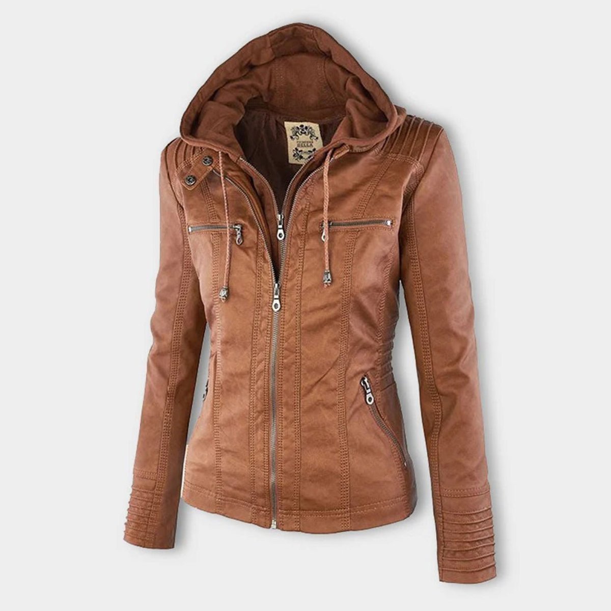 Women's faux leather hooded jacket in camel