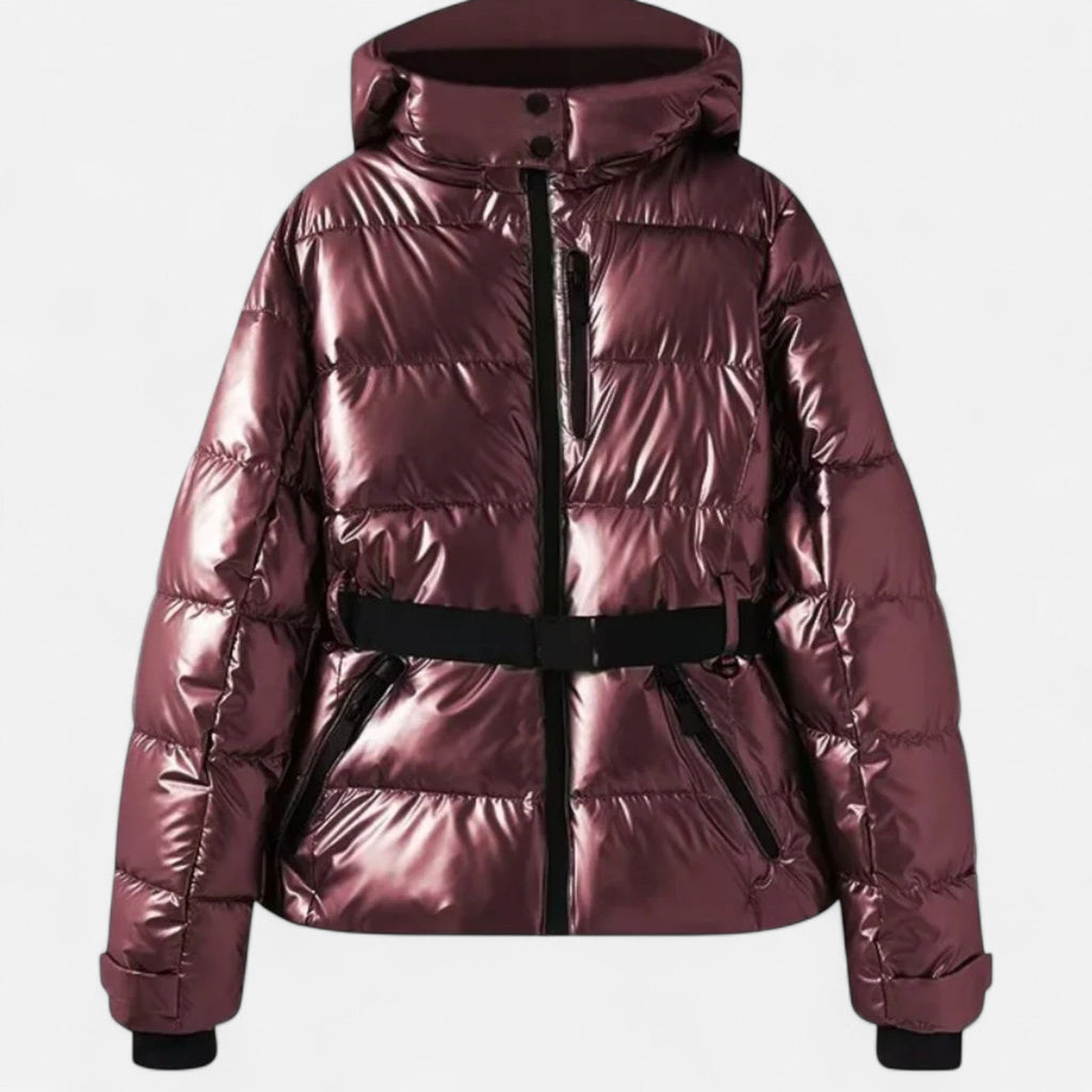 Women's belted ski jacket in burgundy