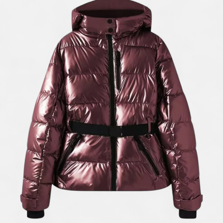 Women's Belted Ski Jacket with Hood for Snowy Days