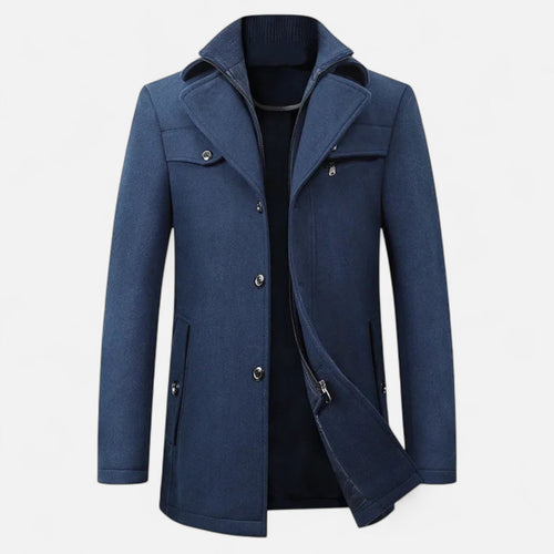 Men's double collar wool blend coat in blue
