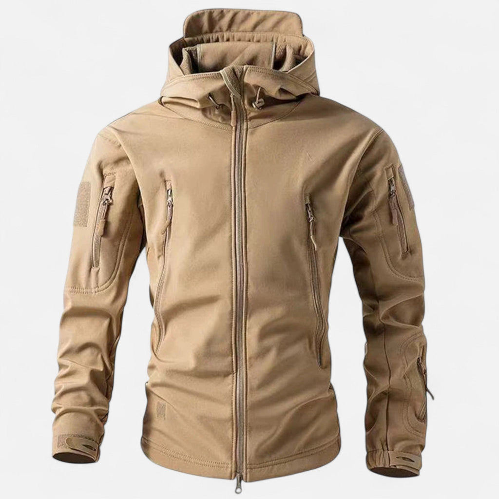 Men's hooded softshell jacket in beige