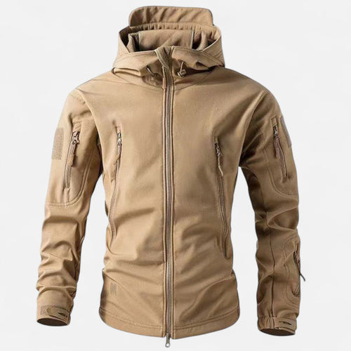 Men's hooded softshell jacket in beige