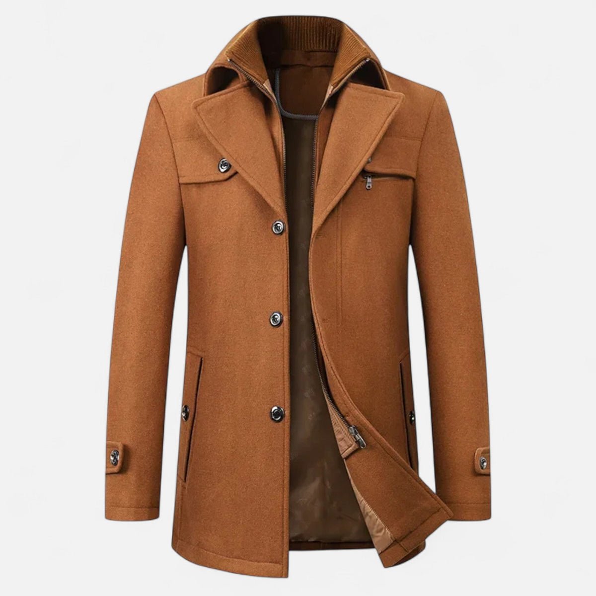Men's double collar wool blend coat in brown