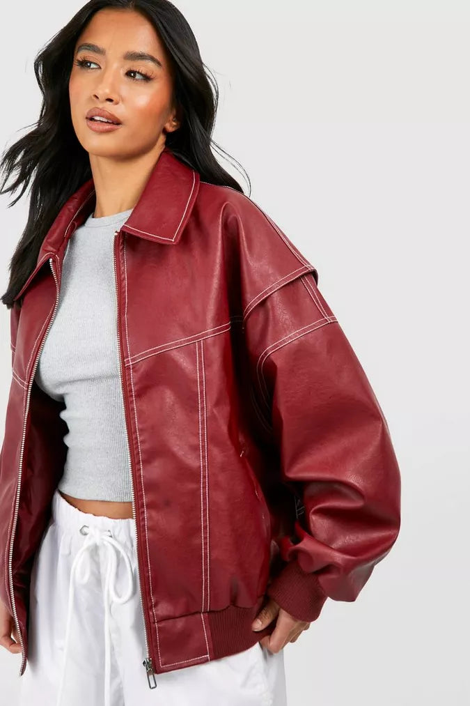 Women's oversized bomber jacket in burgundy