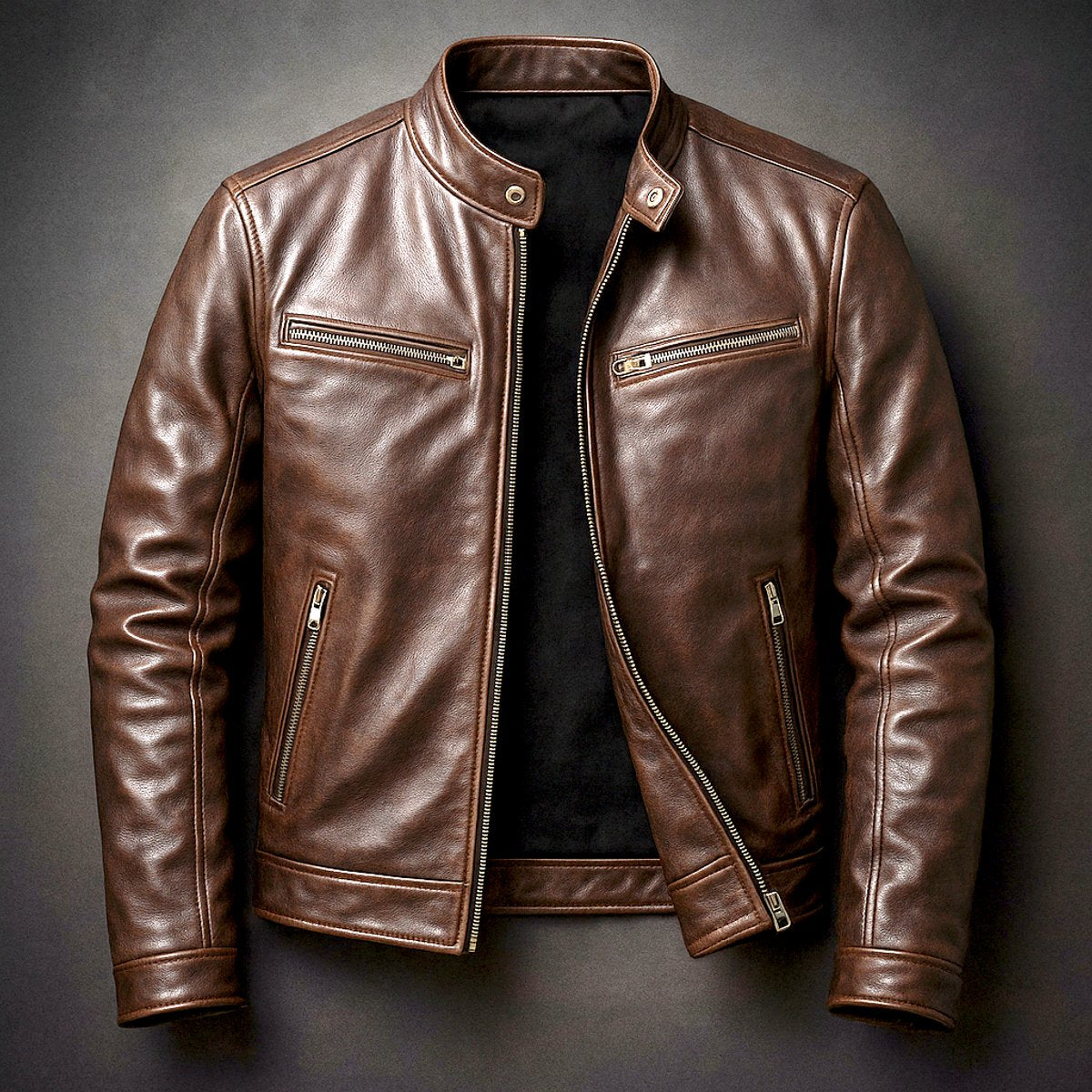 Men's leather look biker jacket in brown
