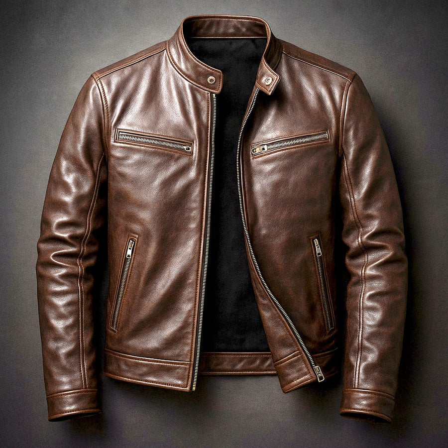 Men's Leather Look Biker Jacket with Stand Collar for Autumn Days