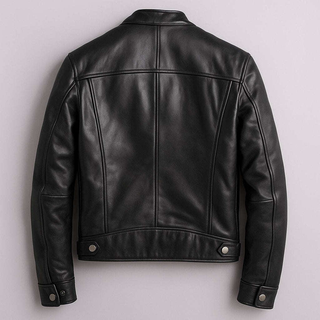 Men's Leather Look Biker Jacket with Stand Collar for Autumn Days