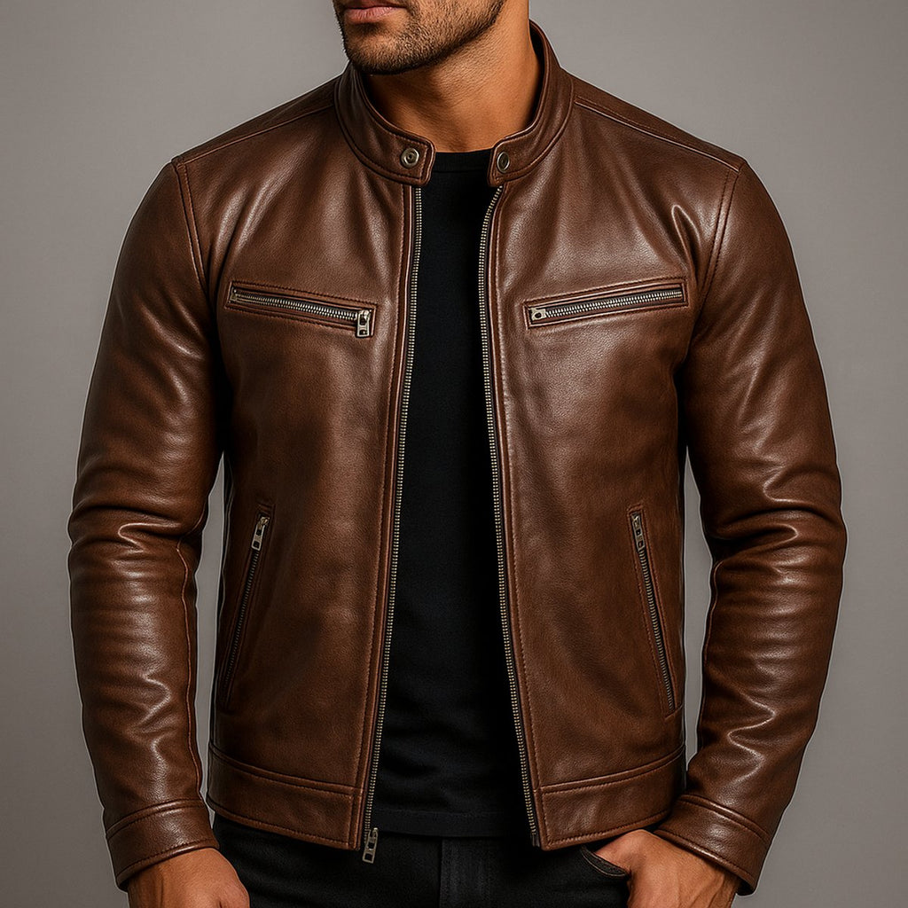 Men's Leather Look Biker Jacket with Stand Collar for Autumn Days