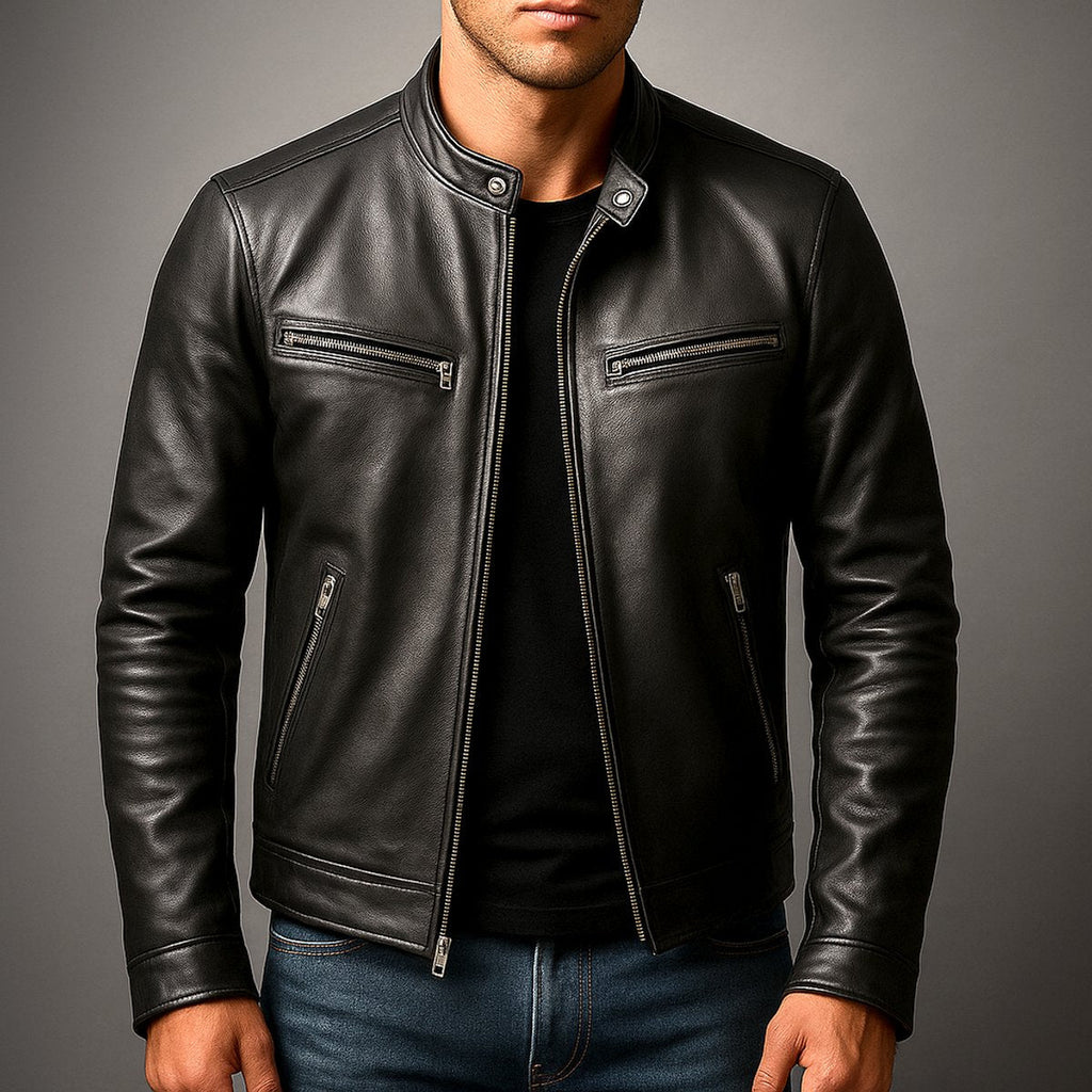 Men's Leather Look Biker Jacket with Stand Collar for Autumn Days
