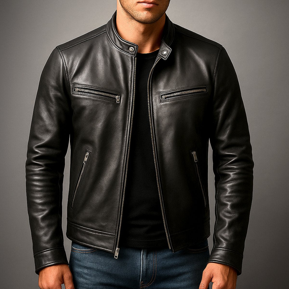 Men's Leather Look Biker Jacket with Stand Collar for Autumn Days