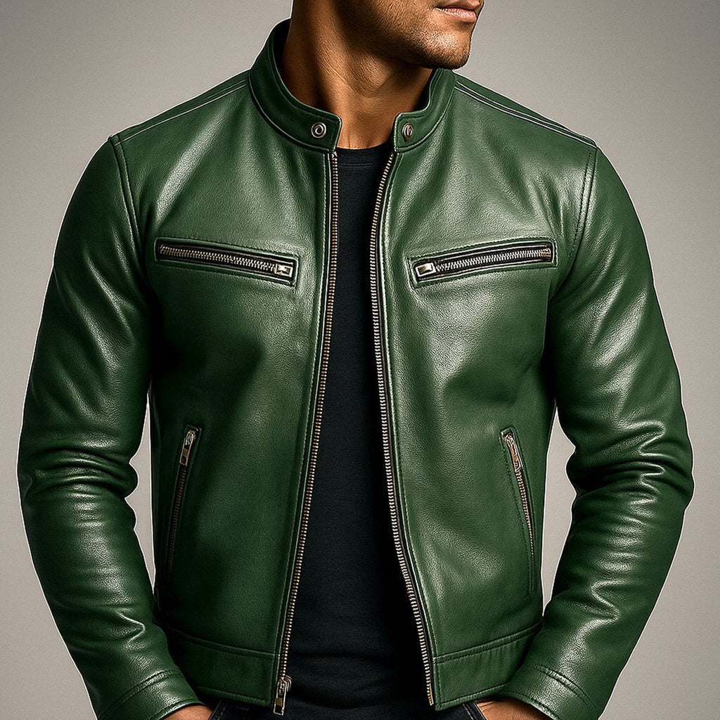 Men's Leather Look Biker Jacket with Stand Collar for Autumn Days