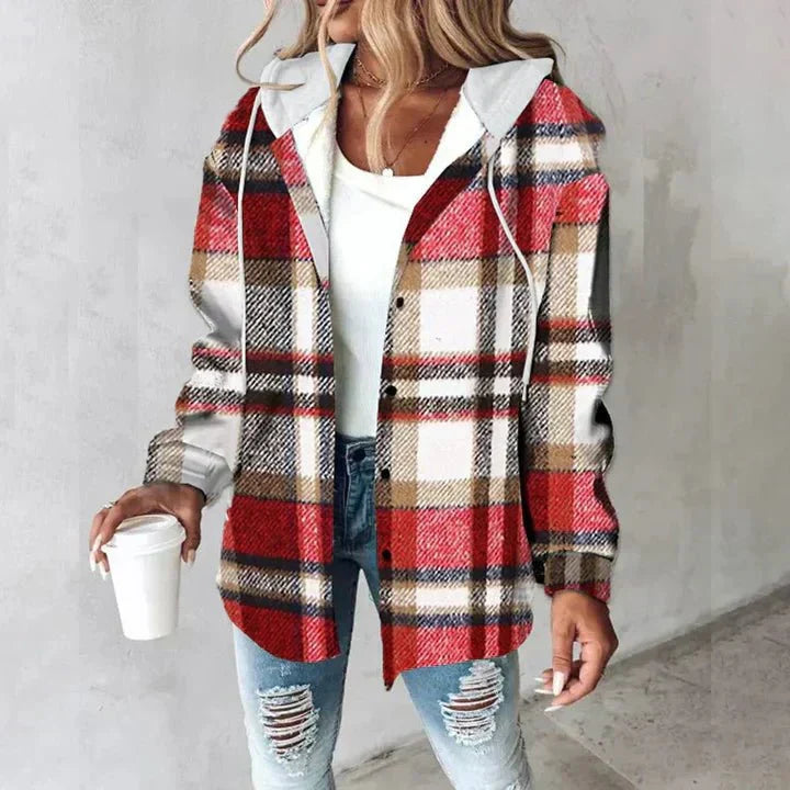 Women's plaid hooded shirt jacket in red