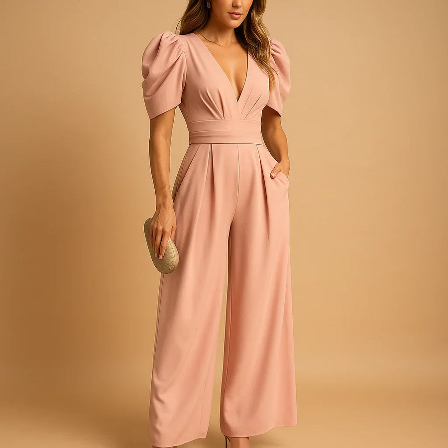 Women's Wide-Leg Jumpsuit with Puff Sleeves for Special Occasions