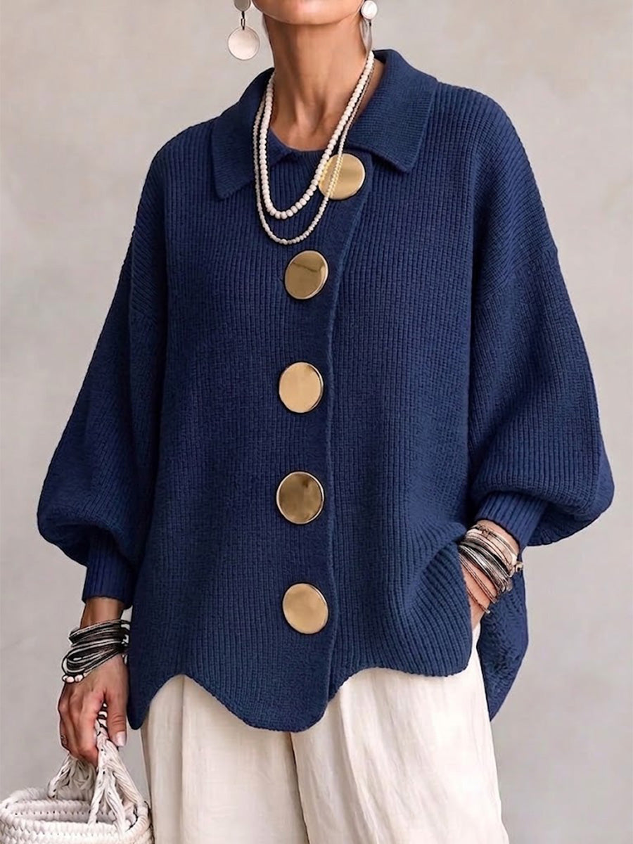 Women's Oversized Knit Cardigan with Large Gold Buttons for Autumn