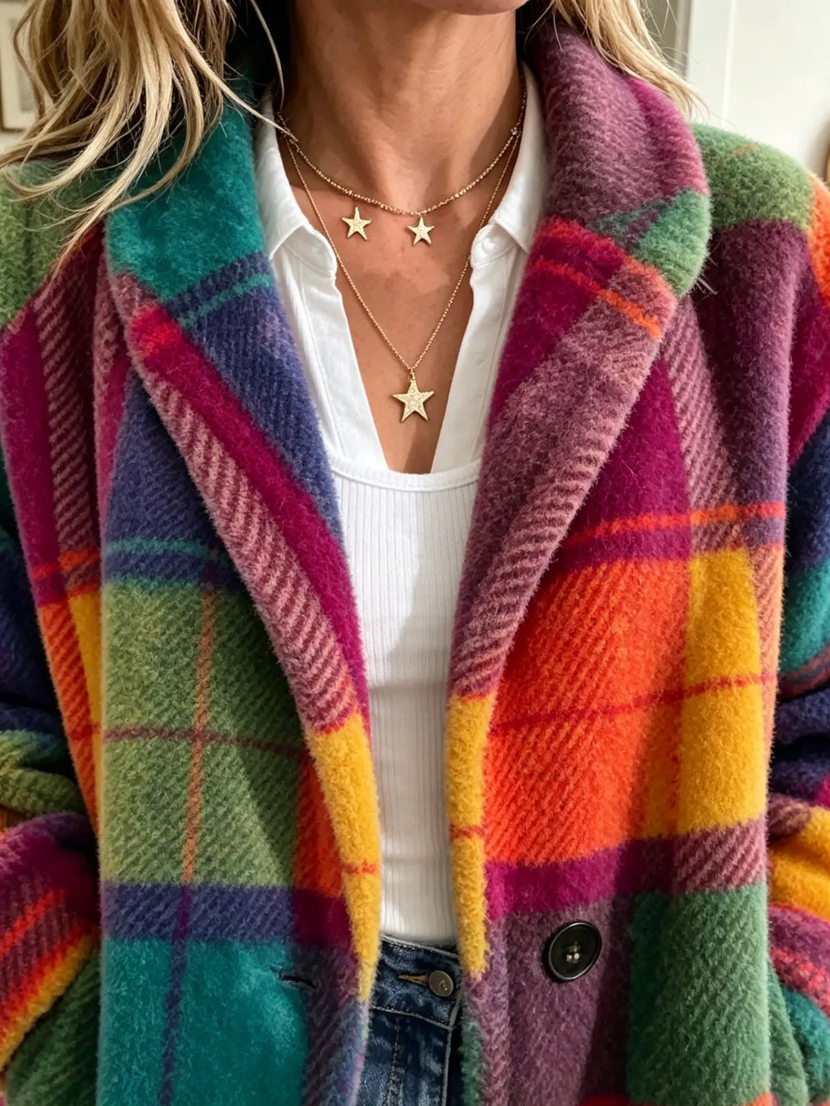 Women's Plaid Coat with Lapels and Pockets for Cosy Days