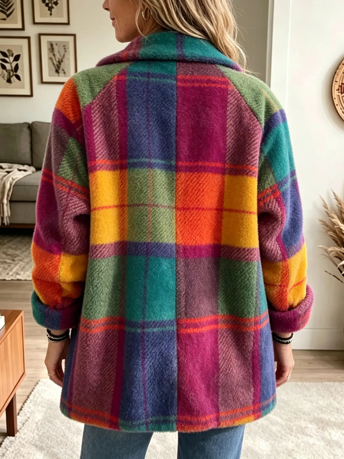 Women's Plaid Coat with Lapels and Pockets for Cosy Days