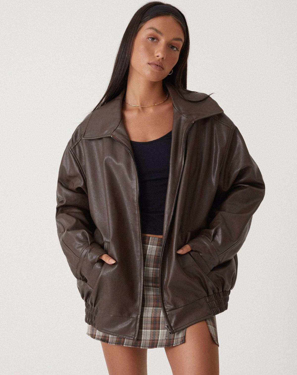 Women's oversized leather look jacket in brown